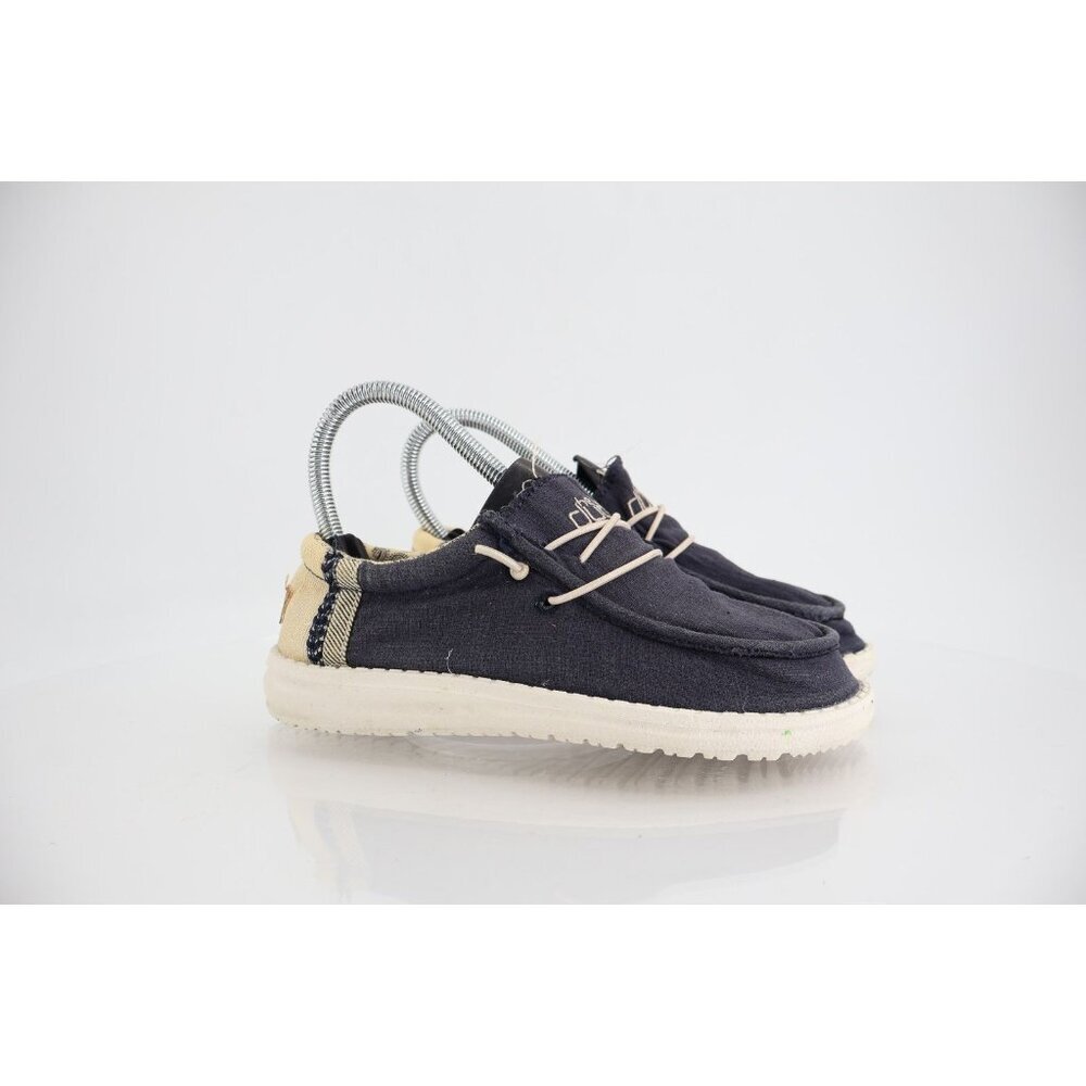 Hey Dude Youth Wally Linen Sneaker Slip On Size 2 Natural Navy Casual Shoe Light